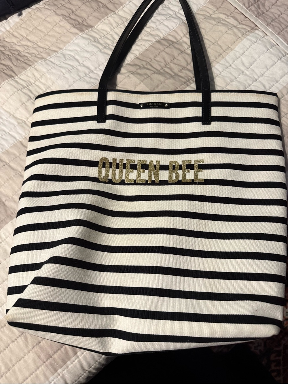 kate spade Black and White Striped "Queen Bee" Tote with Gold Lettering